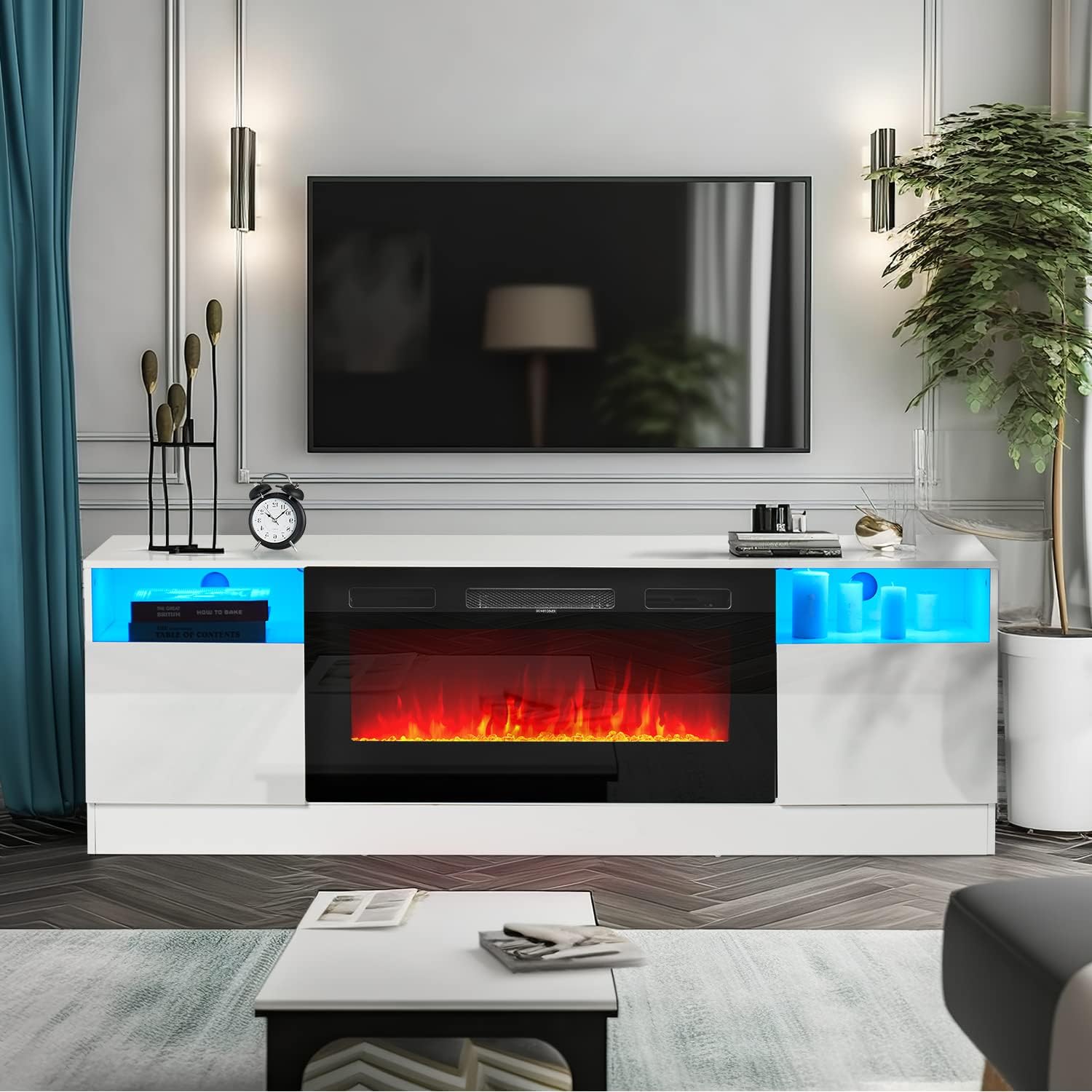 Oneinmil Fireplace TV Stand with 36" Electric Fireplace, LED Light Entertainment Center, Modern Wood, White