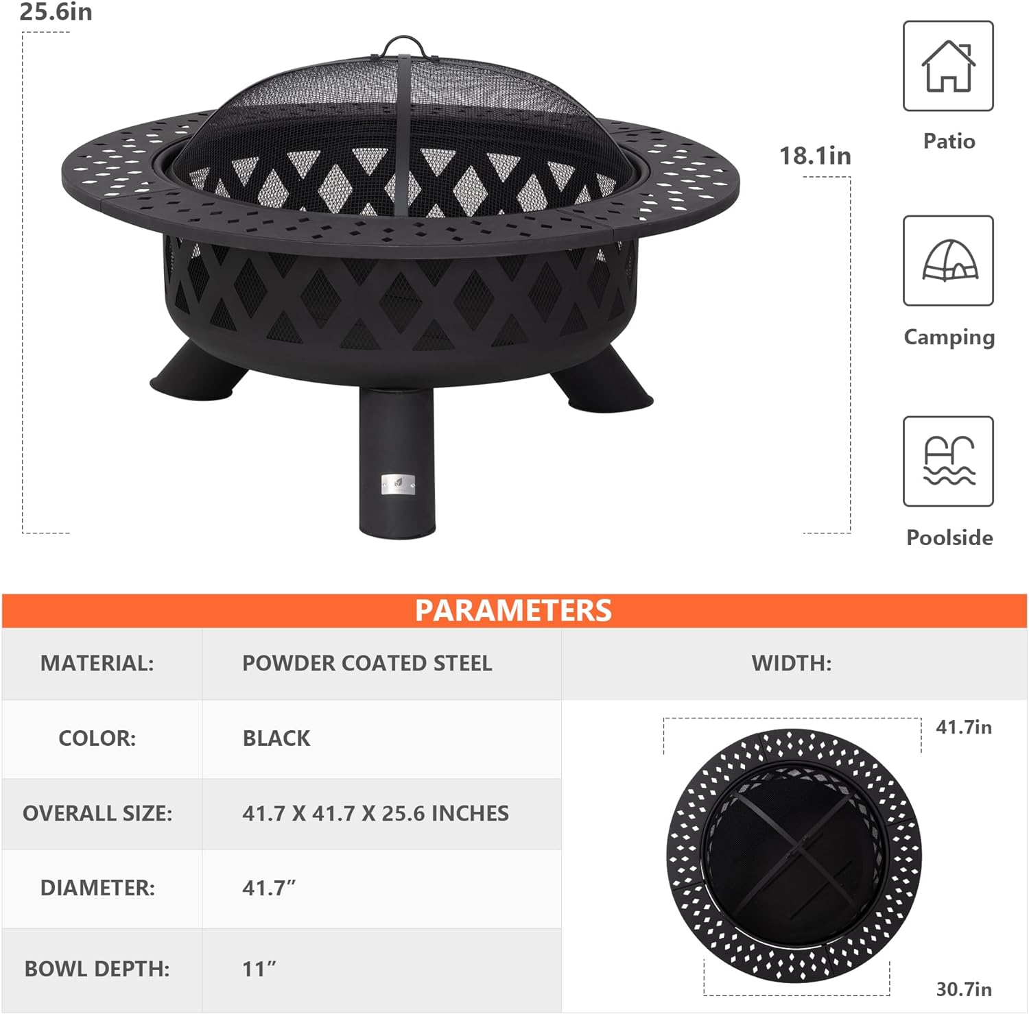 SUNCREAT 42” Patio Fire Pit Wood Burning with Mesh Spark Screen, Bonfire Outdoor firepit with Fireplace Poker, Black