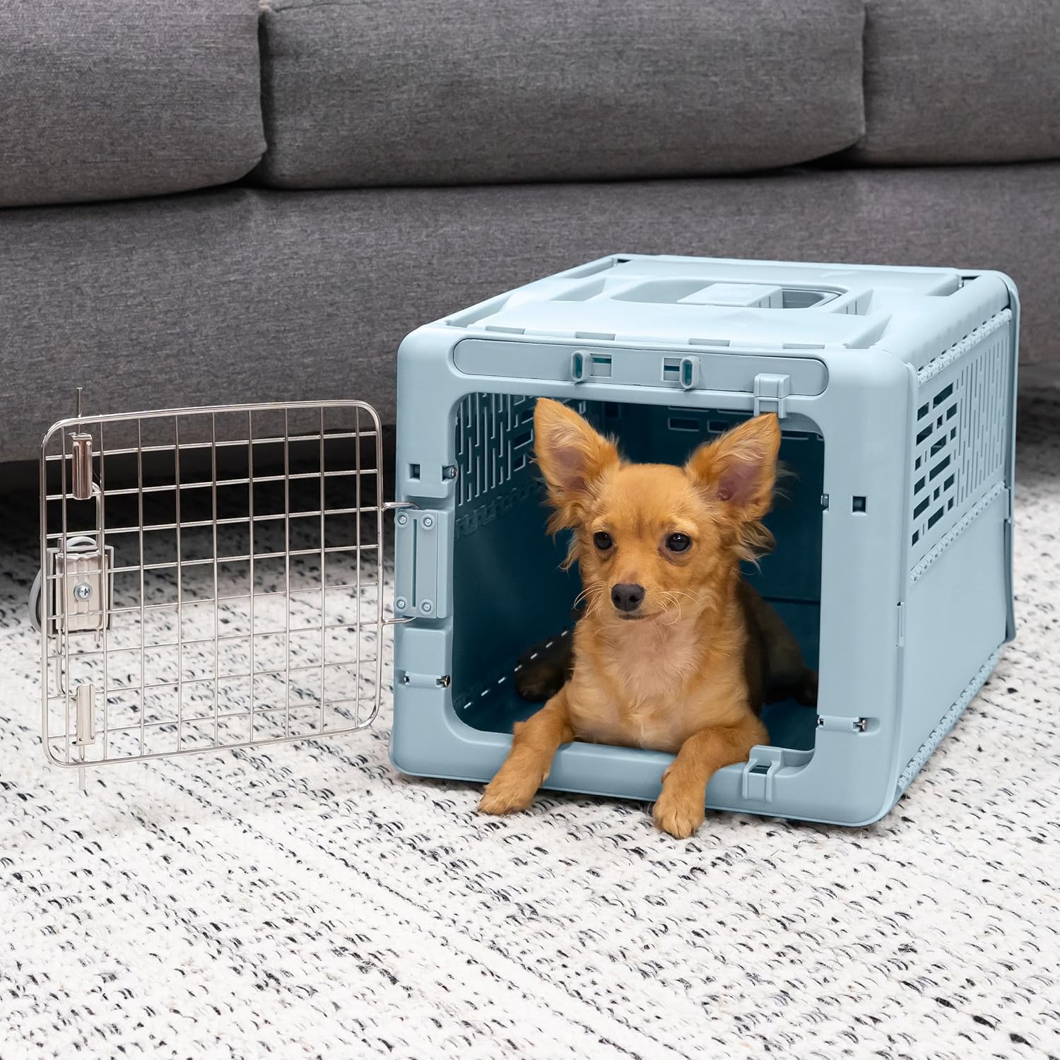 SportPet Designs Plastic Kennels Rolling Plastic Airline Approved Wire Door Travel Dog Crate, XXX-Large, Gray